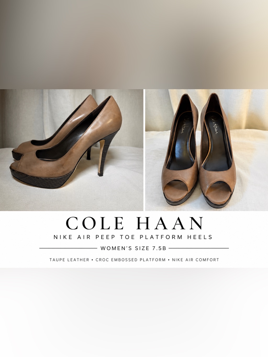 Cole Haan Nike Air Peep Toe Platform Heels Taupe Leather Croc 7.5b Nwob